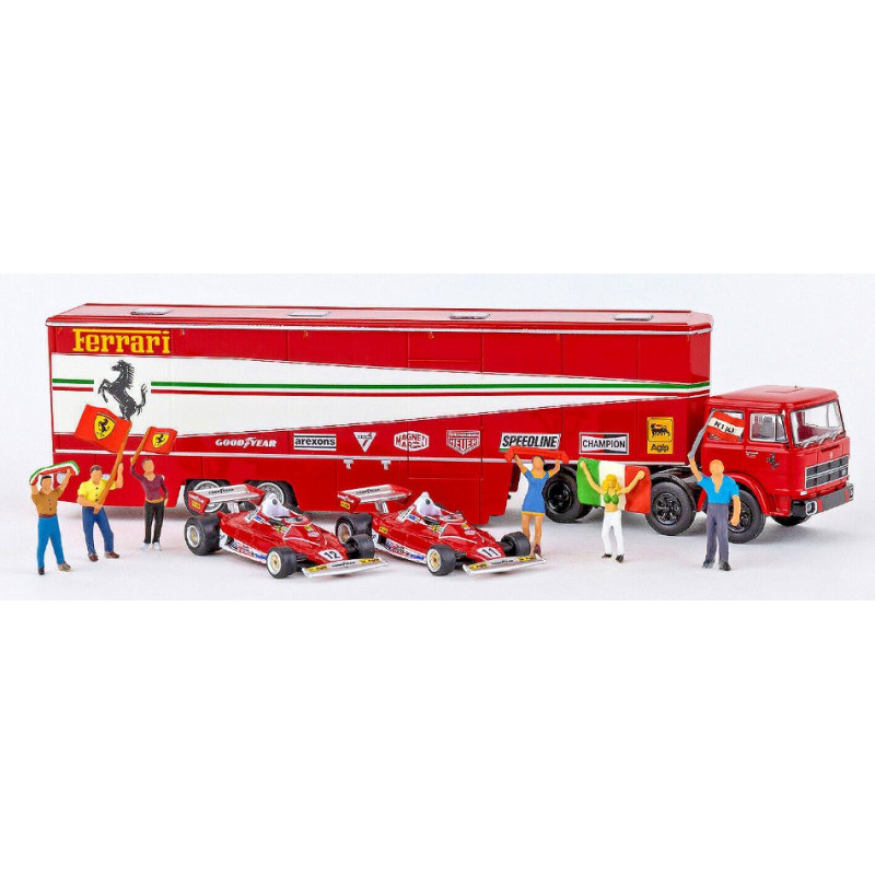 1:87 Brekina Fiat 691 T Renntransport Ferrari W/2 Ferrari 312 T2 F1 + 6 Figures