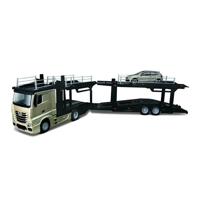 1:43 Burago Mercedes Actros 2545 Multicar Carrier + VW Polo GTI 2016 Oro