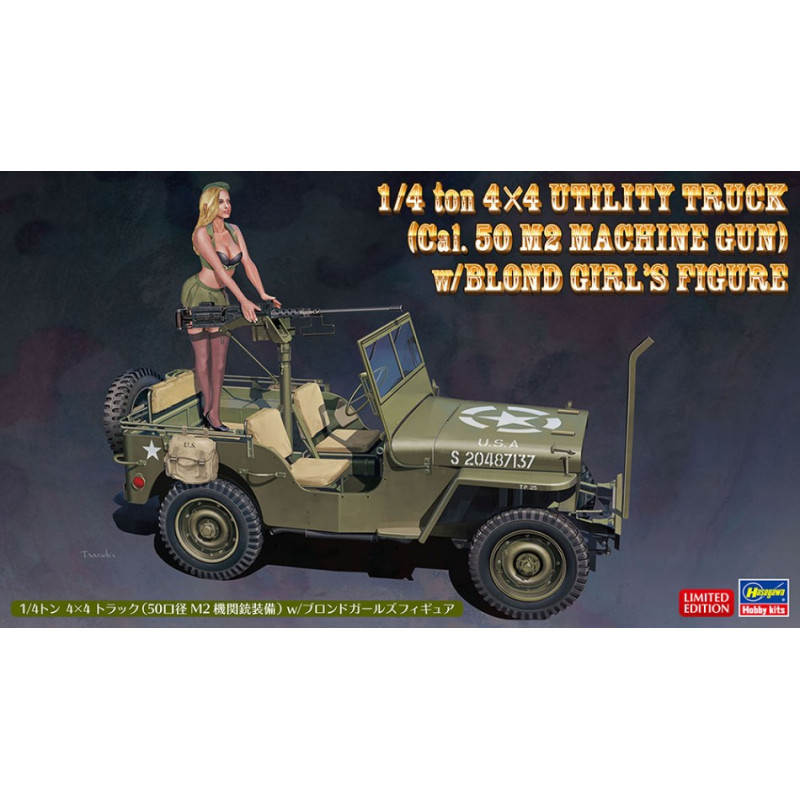 1:24Hasegawa 1/4 ton 4x4 Truck W/CAL.50 M2 Mach GUN W/blonde Girl Figure KIT