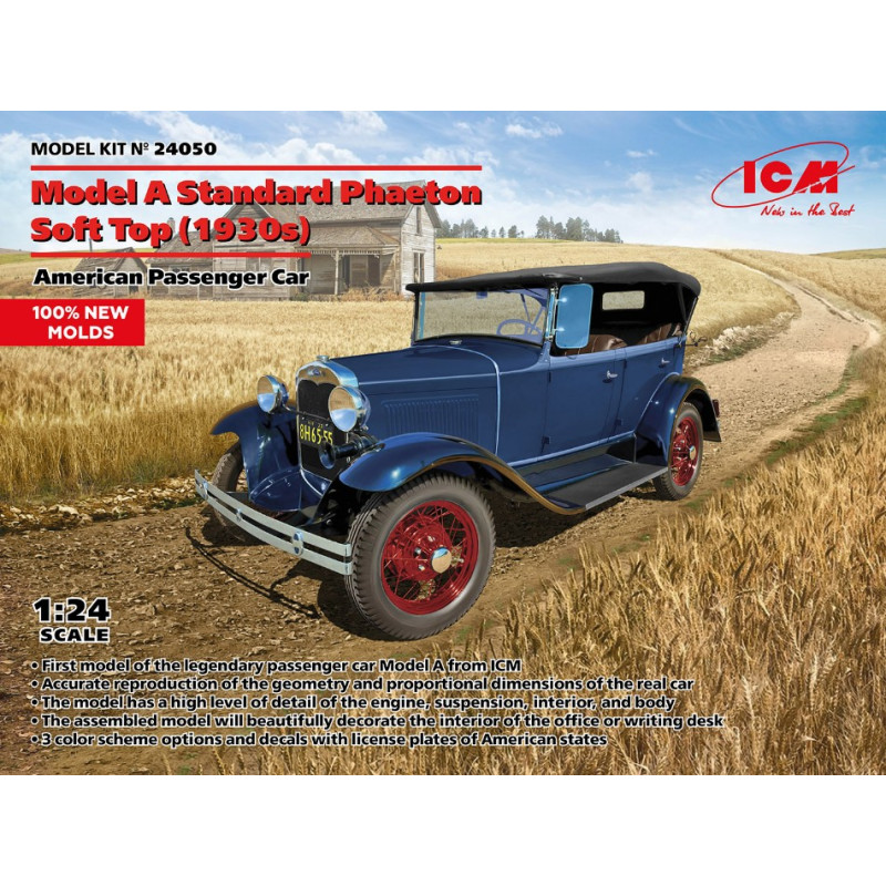 1:24 ICM Model A Standard Phaeton Soft TOP 1930s American Passenger CAR KIT