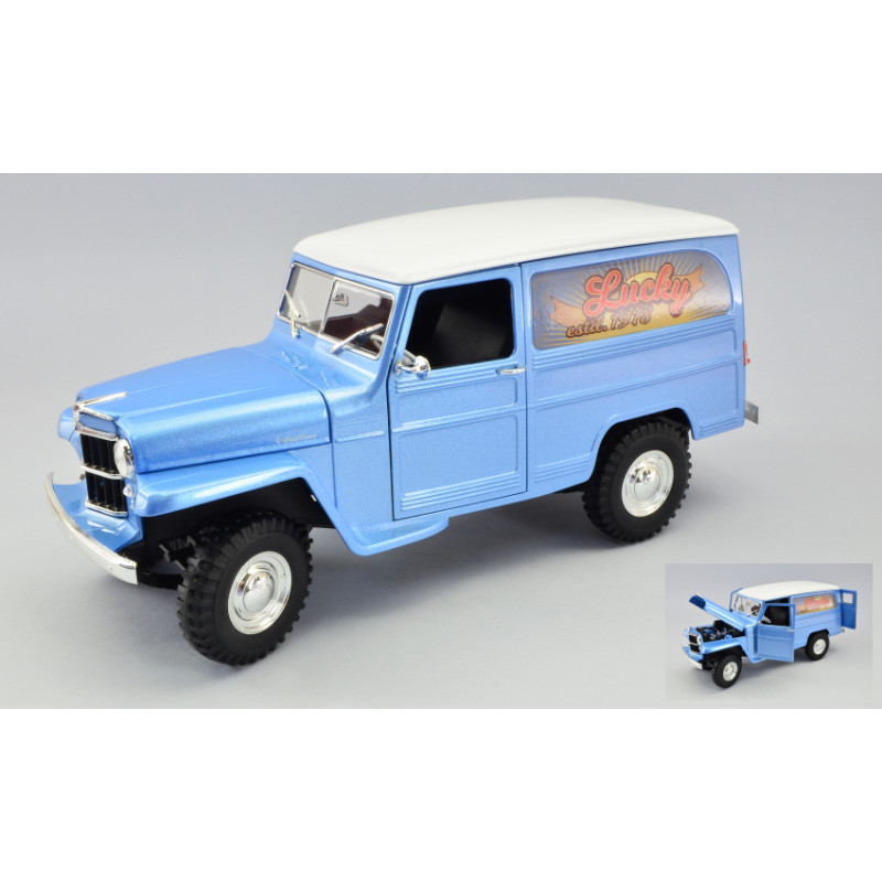 1:18 Lucky Die Cast Willys Jeep VAN Lucky EST.1978 Blu Chiaro Metallizzato W/bianco Roof